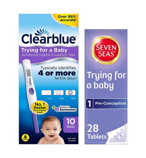 Clearblue Advanced Digital Ovulation Test Kit - 10 tests;Clearblue Digital Ovulation Test with Dual Hormone Indicator 1 Month Supply - 10 Tests;Clearblue Trying for a Baby Bundle;Seven Seas Pregnancy Trying for a Baby Conception Vitamins 28 Tablets;Seven Seas Trying for a Baby Pre-Conception 28 Tablets