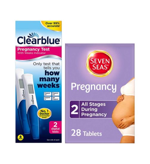 Clearblue & Seven Seas Pregnancy Ready Bundle - 2 Pregnancy Tests, 28 Tablets with Folic Acid;Clearblue Digital Pregnancy Test Kit Conception Indicator 2s;Clearblue Digital Pregnancy Test with Weeks Indicator - 2 tests;Seven Seas Pregnancy Vitamins with Folic Acid 28 Tablets;Seven Seas Pregnancy Vitamins with Folic Acid 28s