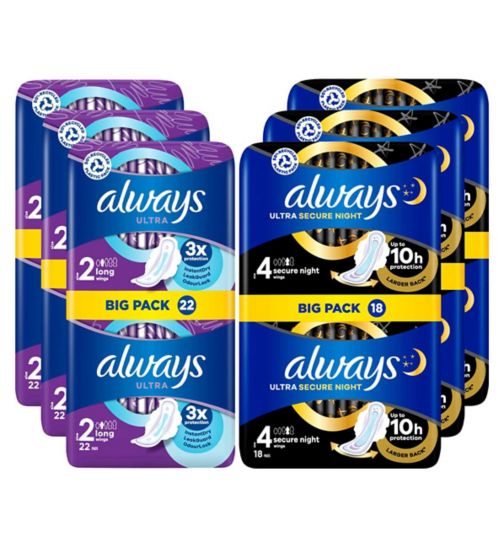 Always         ultra duo      long plus;Always Ultra   big pack securenight pads;Always Ultra Long (Size 2) Sanitary Towels Wings 22 Pads;Always Ultra Long Plus + Secure Night Bundle;Always Ultra Secure Night (Size 4) Sanitary Towels Wings 18 Pads