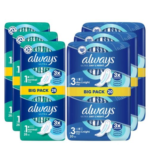 Always Ultra Normal Plus + Night Bundle;Always Ultra Pads Size 1 Normal 26s;Always Ultra Sanitary Towels Day & Night (Size 3) Wings x18 Pads;Always Ultra Sanitary Towels Normal (Size 1) Wings 26 Pads;Alwys Ultrsry twls dy&nght w wngssze318s