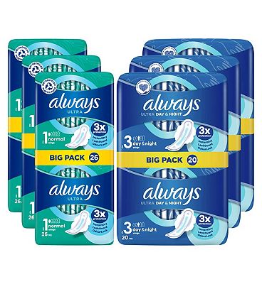 Always Ultra Sanitary Towels Day & Night (Size 3) Wings x18 Pads - Boots