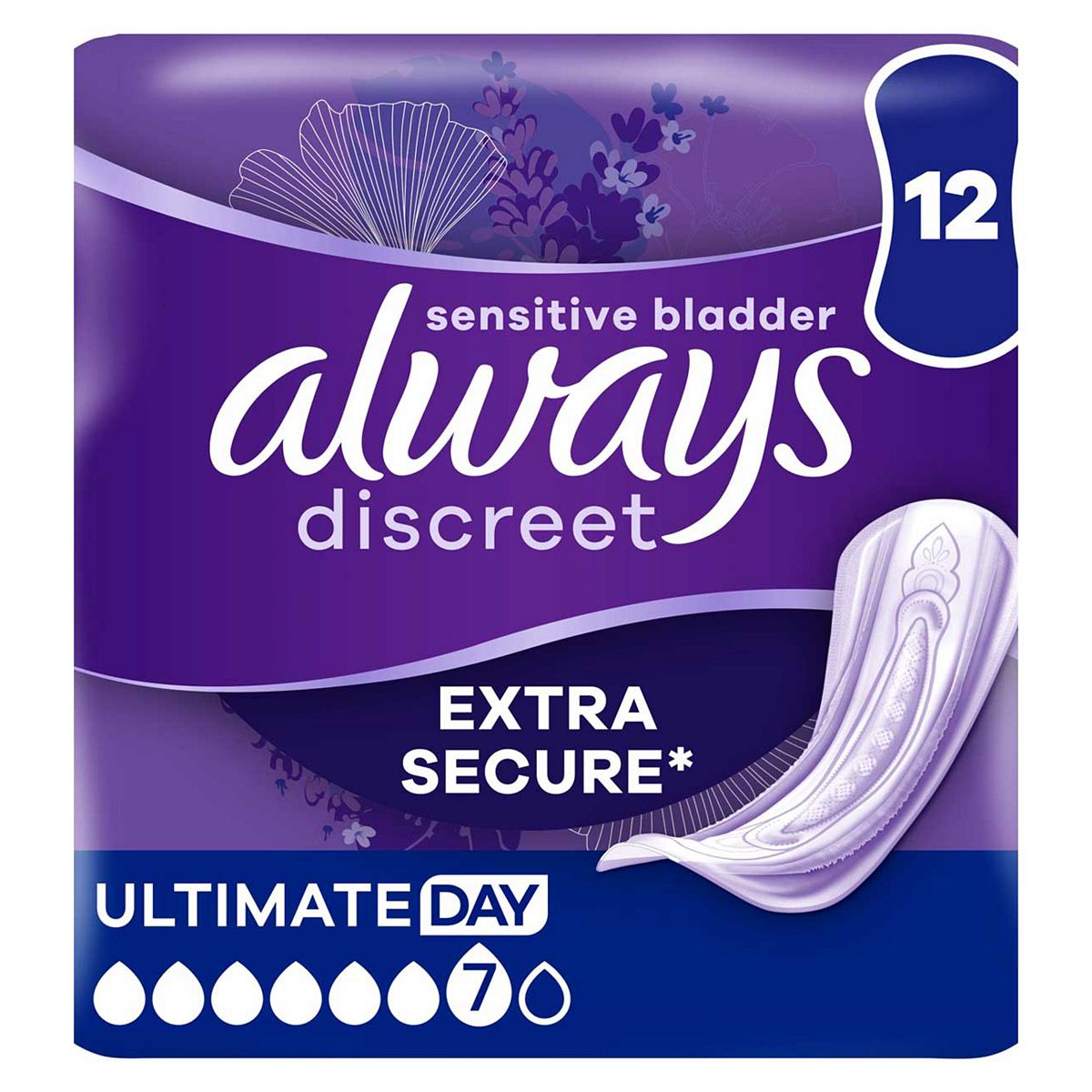 Always Discreet Incontinence Pads Women Ultimate Day 12 Count Extra Secure &