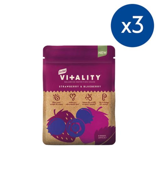 SlimFast Vitality Strawberry and Blueberry Shake 480g;SlimFast Vitality Strawberry and Blueberry Shake 480g x 3;Slimfast Vitality shk pwd stby&bbry 480g