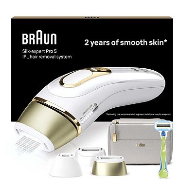 Braun IPL Silk-Expert Pro 5, At Home Hair Removal Device with Pouch, White/Gold, PL5257