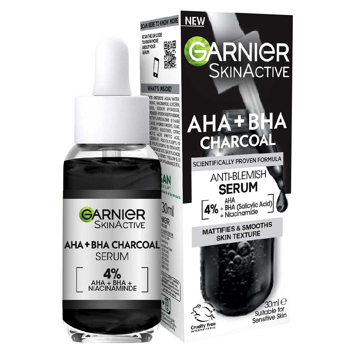 Garnier Skinactive 4% Aha + Bha & Niacinamide Charcoal Serum, Improve Appearance Of Marks Blemishes, 30ml