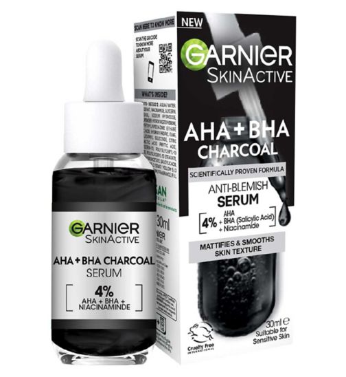 Garnier Skinactive 4% AHA + BHA & Niacinamide Charcoal Serum, Improve Appearance Of Marks & Blemishes, 30ml