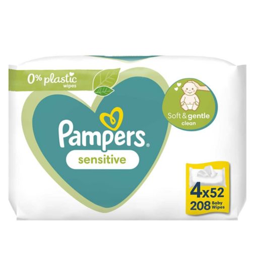 Pampers Sensitive Baby Wipes Plastic Free 4 Packs = 208 Baby Wet Wipes