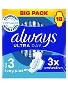 Always Ultra Sanitary Towels Long Plus (Size 3) With Wings 18 Pads, Super Absorbent And Ultra Thin, For Menstrual Periods