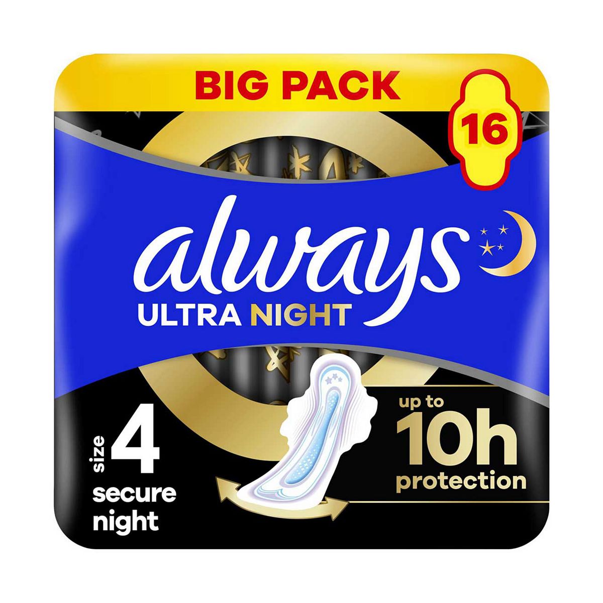 Always Ultra Sanitary Towels Secure Night (Size 4) With Wings 16 Pads, Super Absorbent And Thin, For Menstrual Periods