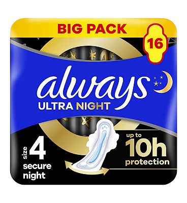 Always Ultra Sanitary Towels Secure Night (Size 4) With Wings 16 Pads, Super Absorbent And Ultra Thi