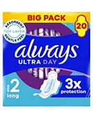 Always Ultra Day Sanitary Towels Long (Size 2) With Wings 20 Pads, Super Absorbent And Ultra Thin, For Menstrual Periods
