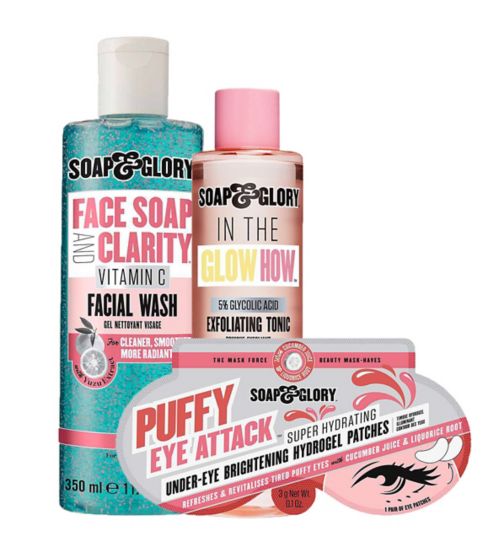 Soap & Glory Face Soap & Clarity Face Wash 350ml;Soap & Glory Face Soap & Clarity Face Wash 350ml;Soap & Glory Puffy Eye Attack Under-Eye Brightening Hydrogel Patches;Soap & Glory Puffy Eye Attack Under-Eye Brightening Hydrogel Patches;Soap & Glory Skincare Best Sellers Bundle;Soap and Glory 'In The Glow How' 5% Glycolic Acid Exfoliating Tonic 200ml;Soap and Glory 'In The Glow How' 5% Glycolic Acid Exfoliating Tonic 200ml