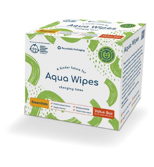 Aqua Wipes Essentials Biodegradable Plastic-Free Wipes 56s x 12 Packs