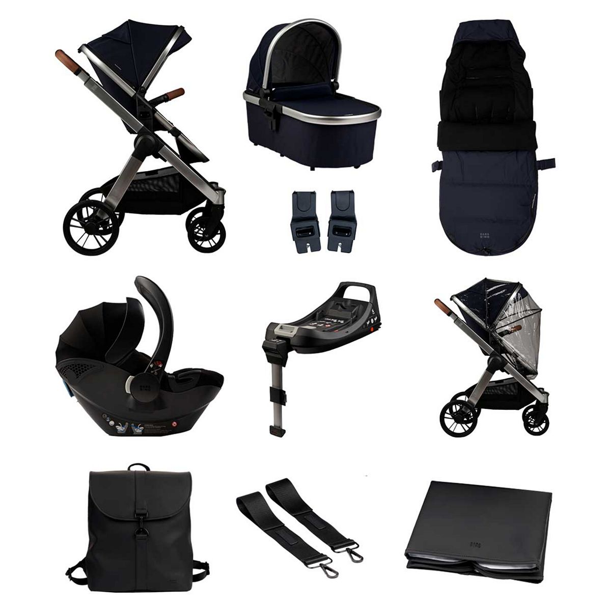 Bababing Raffi Pushchair 3 In 1 Travel System 11 Piece Bundle Navy Blue