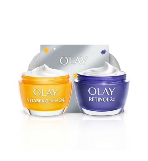 Olay Giftset Vitamin C+AHA24 Day & Retinol24 Night Moisturiser 50ml, Gift Pouch & Gua Sha Face Massager