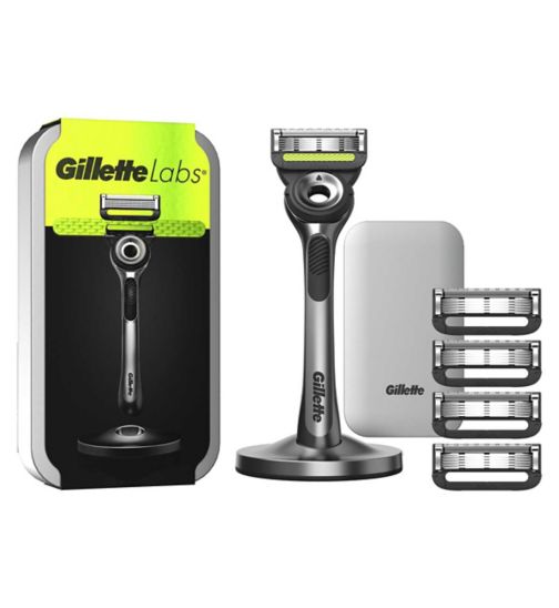 Gillette Labs Razor with Exfoliating Bar, Magnetic Stand, Travel Case and 4 Razor Blades Refill