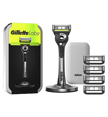 gillette labs razor with exfoliating bar, magnetic stand, travel case and 4 razor blades refill