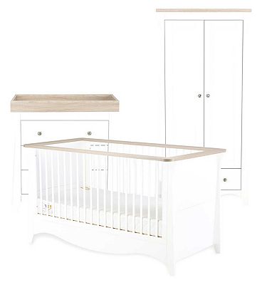 CuddleCo Clara 3pc White & Ash Nursery Furniture Set - 3 Drawer Dresser, Cot Bed and Wardrobe