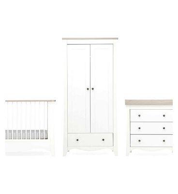 CuddleCo Clara 3pc White & Ash Nursery Furniture Set - 3 Drawer Dresser, Cot Bed and Wardrobe