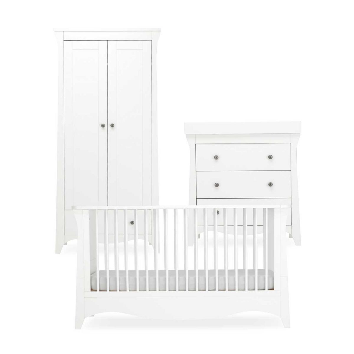 Cuddleco Clara 3Pc White Nursery Furniture Set - 3 Drawer Dresser, Cot Bed, And Wardrobe