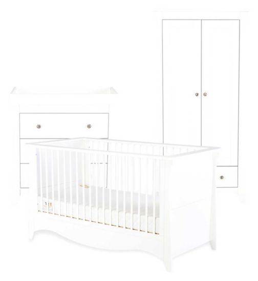 CuddleCo Clara 3pc White Nursery Furniture set -  3 Drawer Dresser, Cot Bed, and Wardrobe