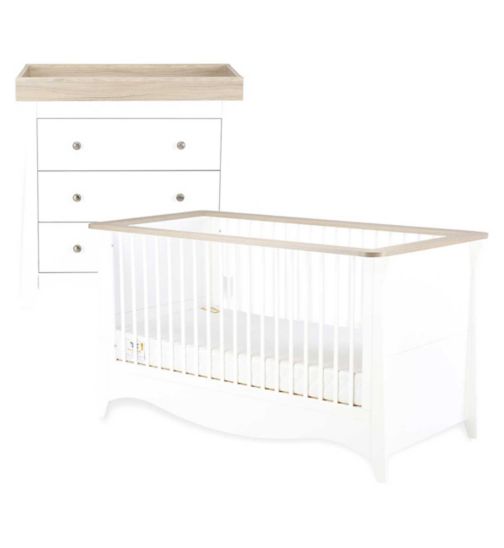 CuddleCo Clara 2pc White & Ash Nursery Furniture Set- 3 Drawer Dresser and Cot Bed