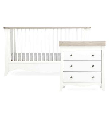 CuddleCo Clara 2pc White & Ash Nursery Furniture Set- 3 Drawer Dresser and Cot Bed