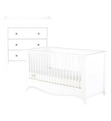 CuddleCo Clara 2pc White Nursery Furniture Set - 3 Drawer Dresser and Cot Bed