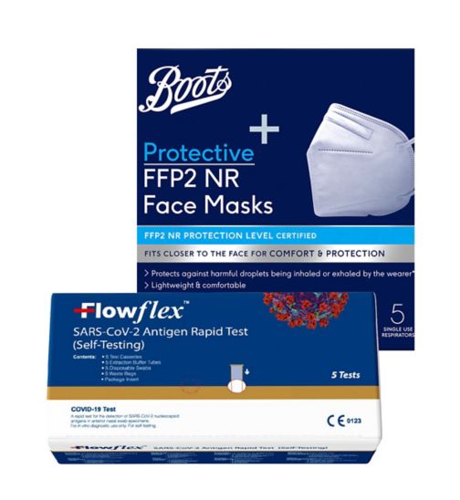 Boots FFP2 face masks 5s;Boots Protective FFP2 NR Face Masks 5 Single Use Respirators;FlowFlex COVID-19 Antigen Rapid Test 5s;Flowflex Antigen Rapid Test Lateral Flow Self-Testing Kit 5 Tests;Lateral Flow Test & Face Mask Bundle