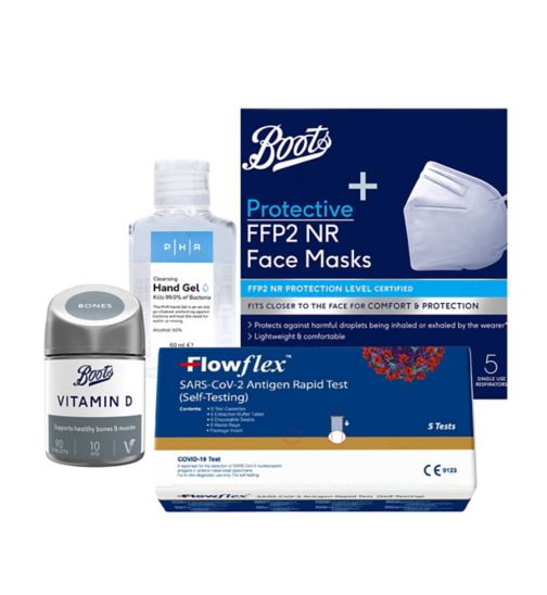 Boots FFP2 face masks 5s;Boots Protective FFP2 NR Face Masks 5 Single Use Respirators;Boots Vitamin D 10 µg 90 tablets;Boots Vitamin D 10 µg 90 tablets (3 month supply);FlowFlex COVID-19 Antigen Rapid Test 5s;Flowflex Antigen Rapid Test Lateral Flow Self-Testing Kit 5 Tests;Lateral Flow Test, Face Mask & Vitamin D Bundle;PHR Hand Gel 60ml;PHR Hand Gel 60ml