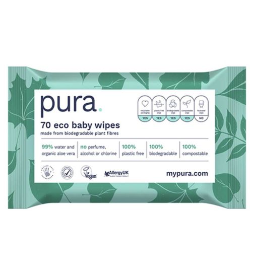 Pura 100% Plastic-Free Biodegradable Baby Wipes 70 Pack