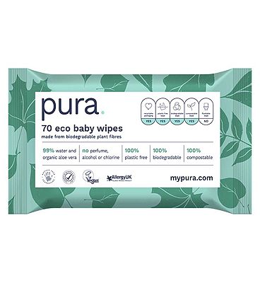 Pura 100% Plastic-Free Biodegradable Baby Wipes 70 Pack