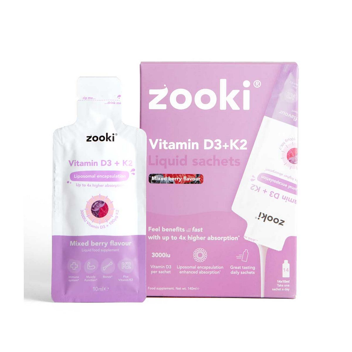 Zooki Liposomal Vitamin D3 + K2 3,000Iu, Mixed Berry Flavour - 14X10ml Liquid Sachets