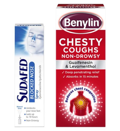 Benylin Chesty Cough Syrup 150ml;Benylin Chesty Coughs - Non Drowsy 150 ml;Chesty Cough and Blocked Nose Bundle -Benylin Chesty Coughs Non-Drowsy 150ml & Sudafed Blocked Nose Spray 15ml;Sudafed Blocked Nose Spray 15ml;Sudafed Blocked Nose Spray- 15ml