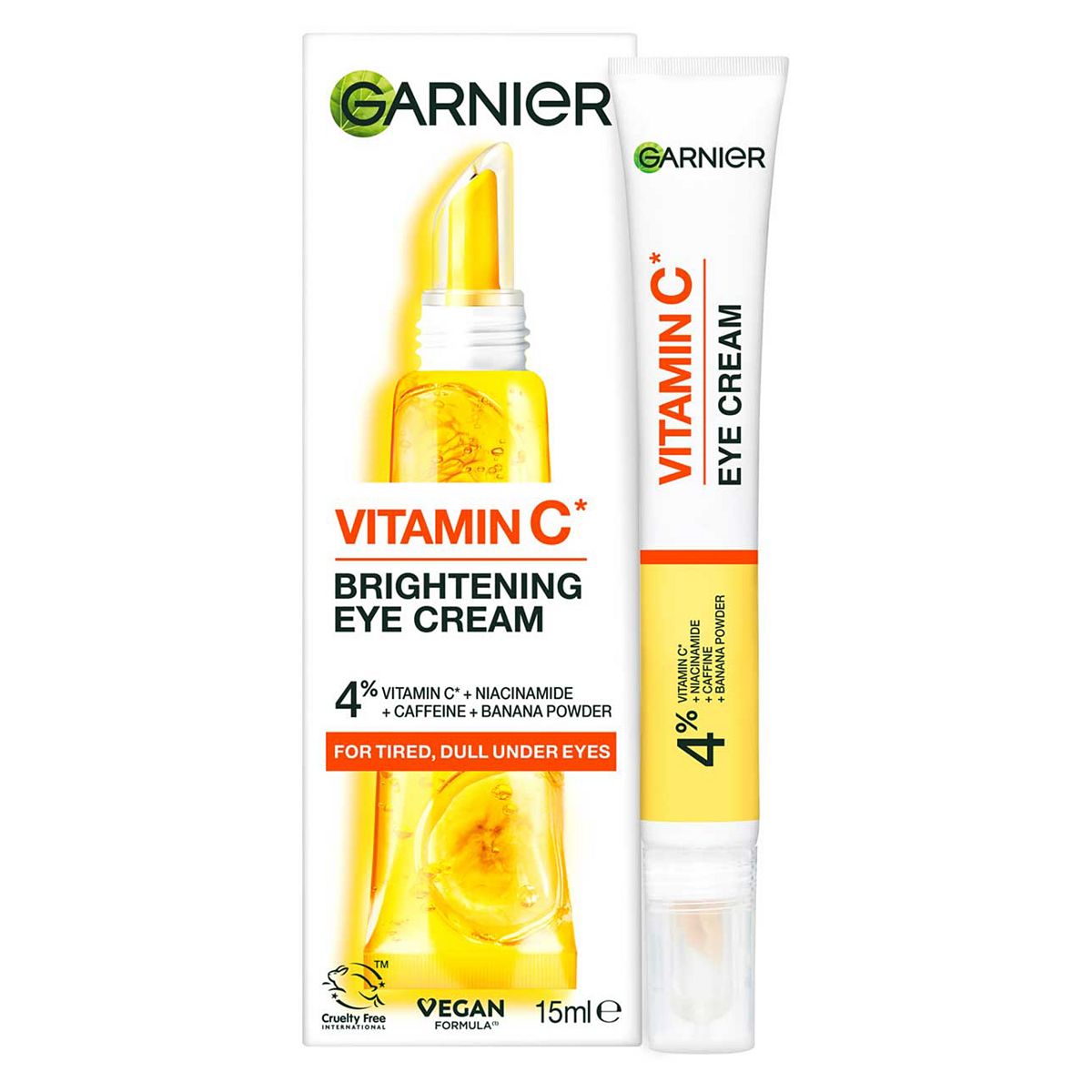 Garnier Brightening Vitamin C Eye Cream, 4% C, Niacinamide, Banana Powder, Caffeine, 15ml