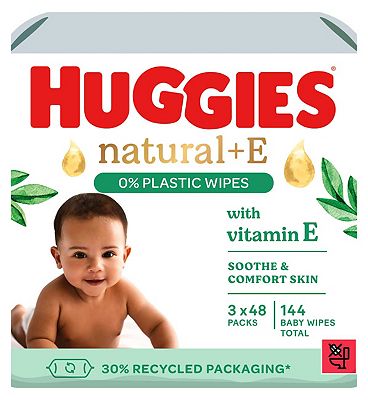 Huggies Natural Plus Vitamin E 0% Plastic Baby Wipes - 3 packs of 48 wipes.