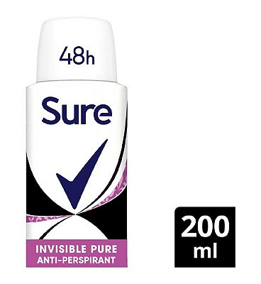 Sure Invisible Pure Anti-Perspirant Spray for 48hour protection against sweat, odour, white marks & yellow stains 200ml