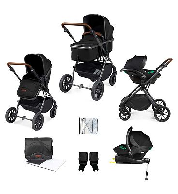 Ickle Bubba Cosmo 9 Piece Travel System With I-Size Stratus Car Seat & Isofix Base - Gunmetal / Black / Tan