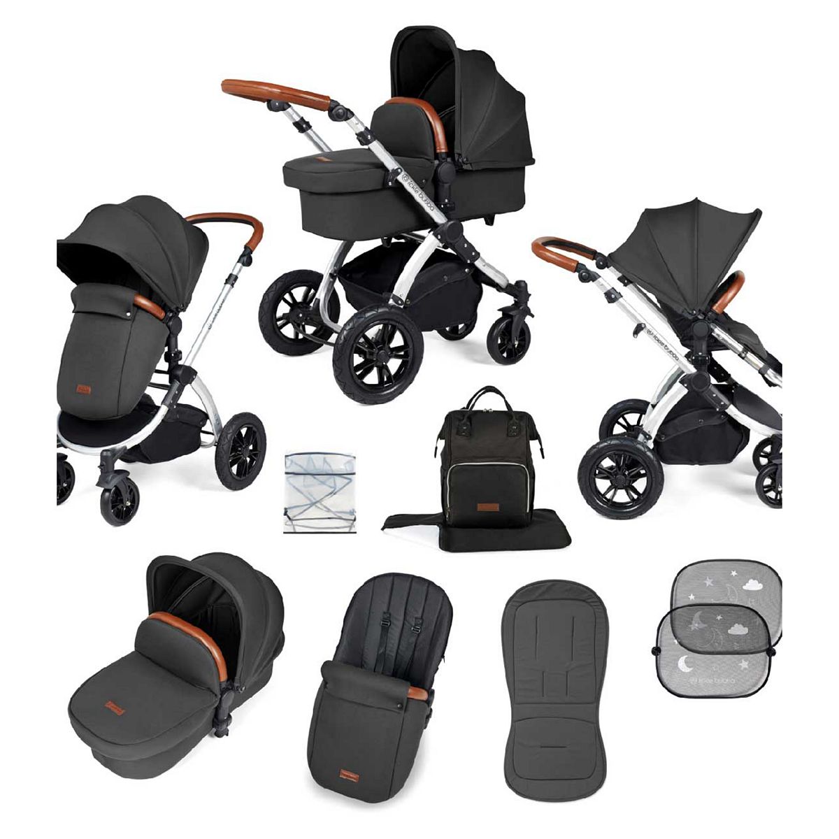Ickle Bubba Stomp Luxe 9 Piece Pram - Silver/Charcoal Grey/Tan