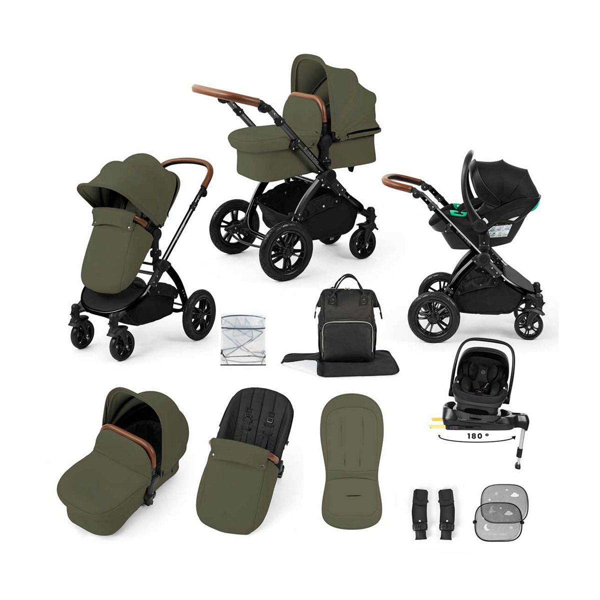 Ickle Bubba Stomp Luxe Travel System Nimbus Car Seat & Spin Isofix Green