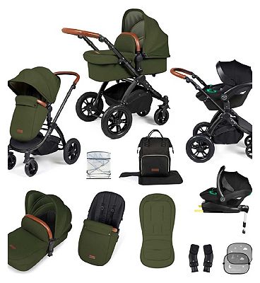 Ickle Bubba Stomp Luxe 12 Piece Travel System With I-Size Stratus Car Seat & Isofix Base - Black / Woodland / Tan