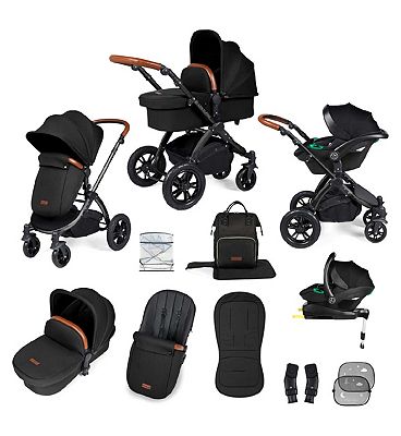 Ickle Bubba Stomp Luxe 12 Piece Travel System With I-Size Stratus Car Seat & Isofix Base - Black / Midnight / Tan