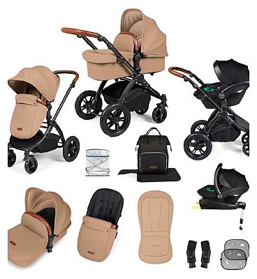 Ickle Bubba Stomp Luxe 12 Piece Travel System With I-Size Stratus Car Seat & Isofix Base - Black / Desert / Tan