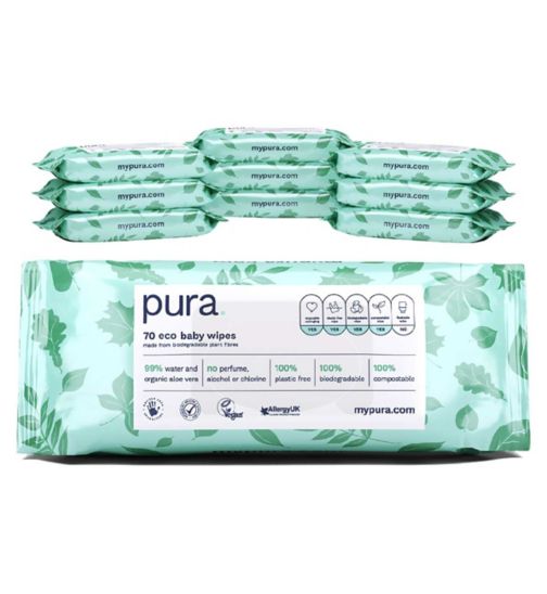 Pura 100% plastic free biodegradable baby wipes 70pk x 10