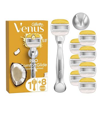 Gillette Venus Razor, PRO ComfortGlide Coconut Scented with Olay 5 Blade Women's Razor + 8 Razor Bla