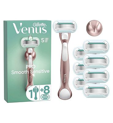 Gillette Venus Razor, PRO Smooth Sensitive 5 Blade RoseGold Women's Razor + 8 Razor Blades+ Shower H