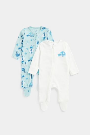 Mothercare Elephant Zip-Up Baby Sleepsuits - 2 Pack