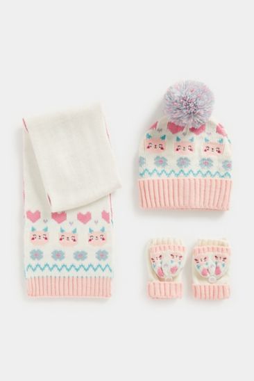 Mothercare Kitty Knitted Hat, Scarf and Flip Mitts