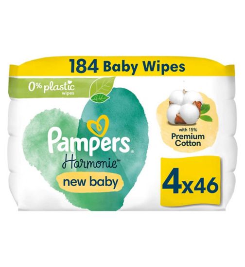 Pampers Harmonie New Baby Wipes Plastic Free 4 Packs = 184 Wipes