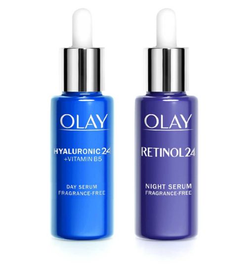 Olay Hyaluronic 24 + Vitamin B5 Ultra Hydrating Day Serum with Niacinamide For Smoother and Healthier Looking Skin, 40ml;Olay Hyaluronic Acid 24 + Vitamin B5 Ultra Hydrating Day Serum with Niacinamide For Smoother and Healthier Looking Skin, 40ml;Olay New Year, New Dew with Hyaluronic Acid + Vitamin B5 Day and Retinol Night Serum;Olay Retinol 24 Night Serum With Retinol & Vitamin B3 40ml;Olay Retinol 24 Night Serum With Retinol & Vitamin B3 40ml